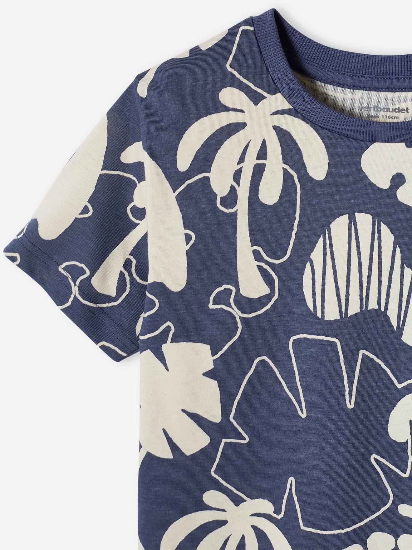 Camiseta infantil masculina com estampas exóticas gigantes, azul ardósia