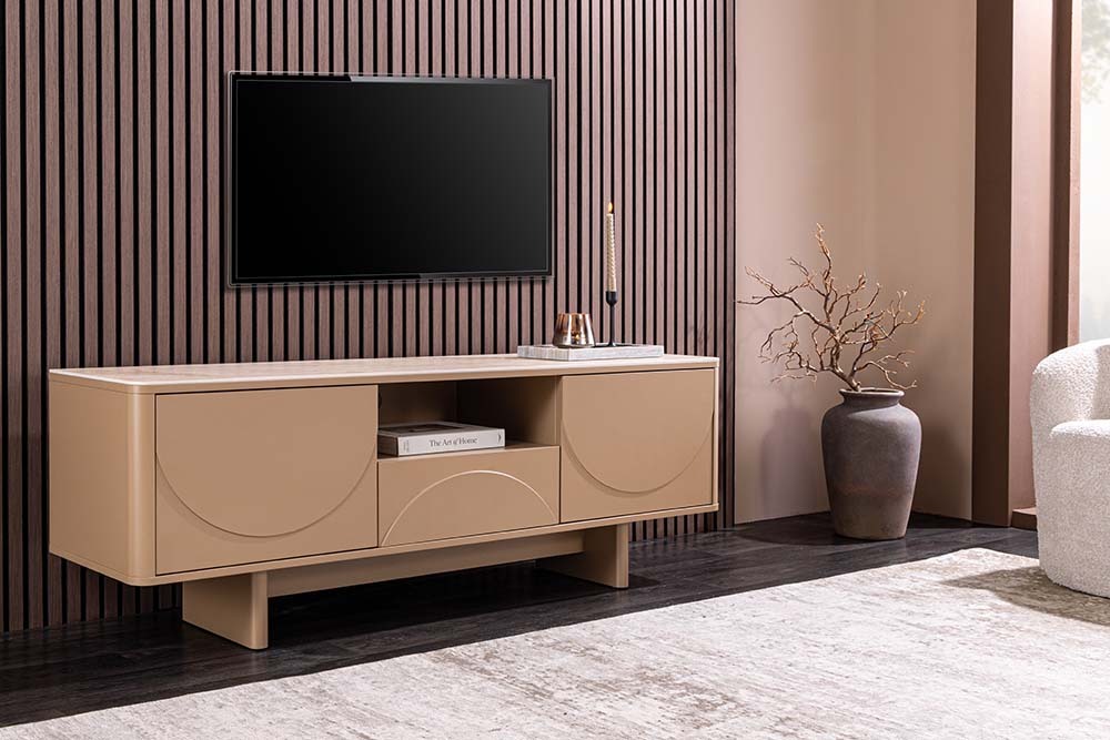Design TV Board SAVOY 150cm grau beige greige Travertin Keramik mit Schublade 3D-Front
