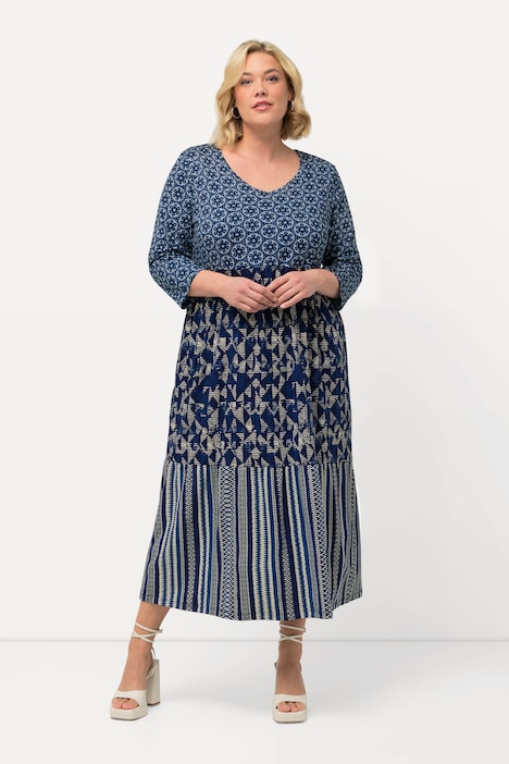 Jerseykleid, Mustermix, A-Linie, V-Ausschnitt, 3/4-Arm