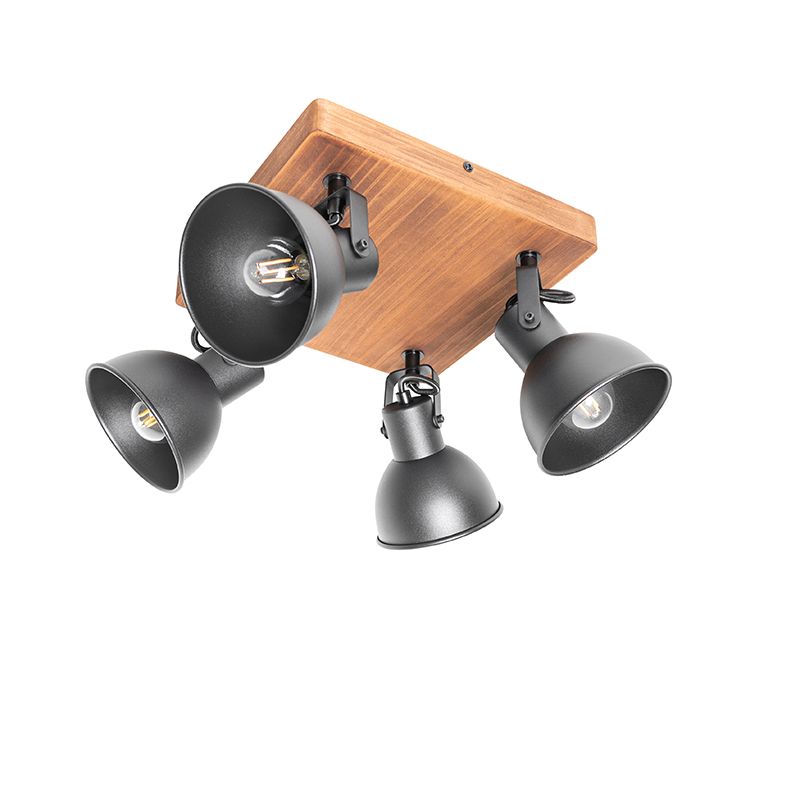 Industriële spot zwart met hout kantelbaar 4-lichts - Tommy