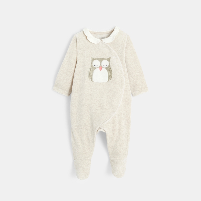 Dors-bien hibou en velours beige bébé fille