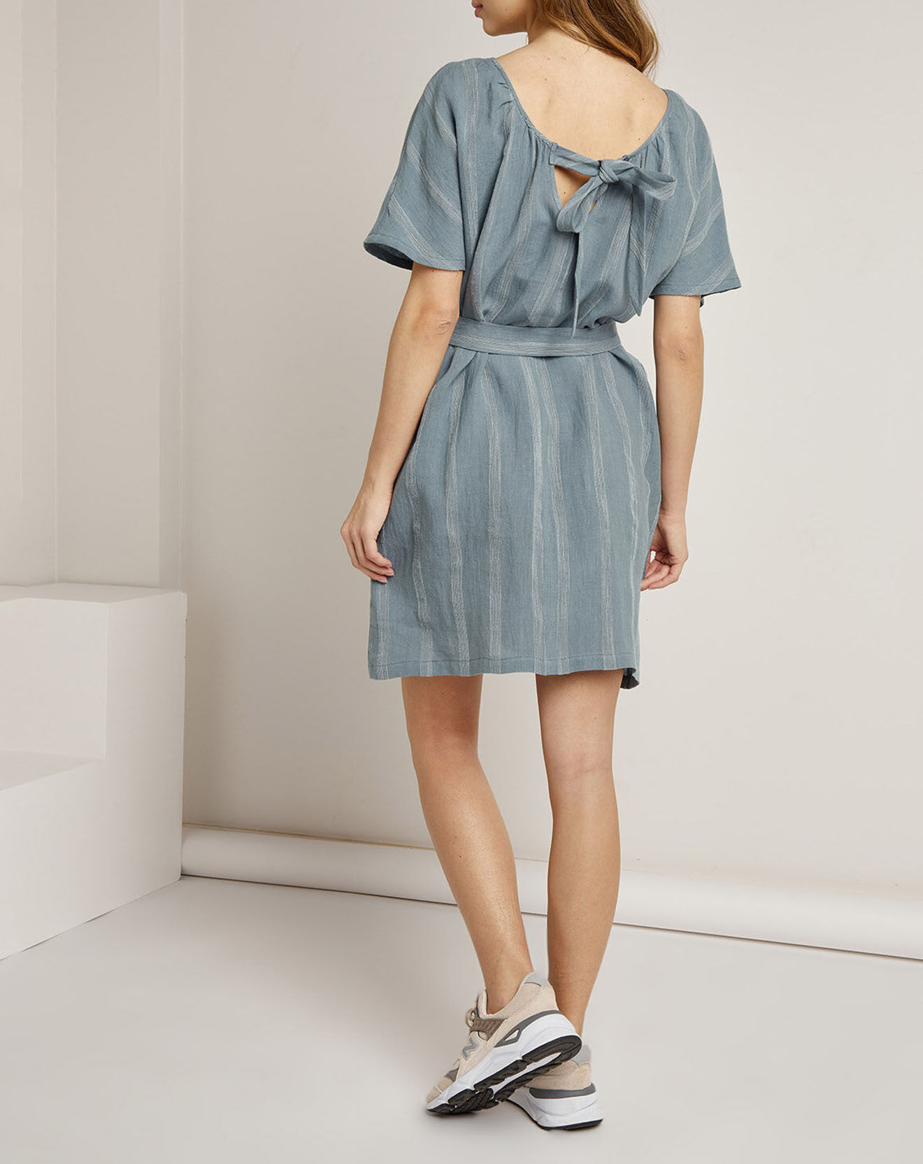 See u Soon Robe 100% Lin Zoé rayée ton sur ton bleue