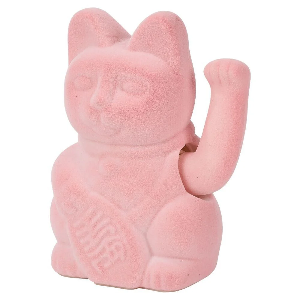 Chat porte-bonheur velours rose 11xH15x9cm