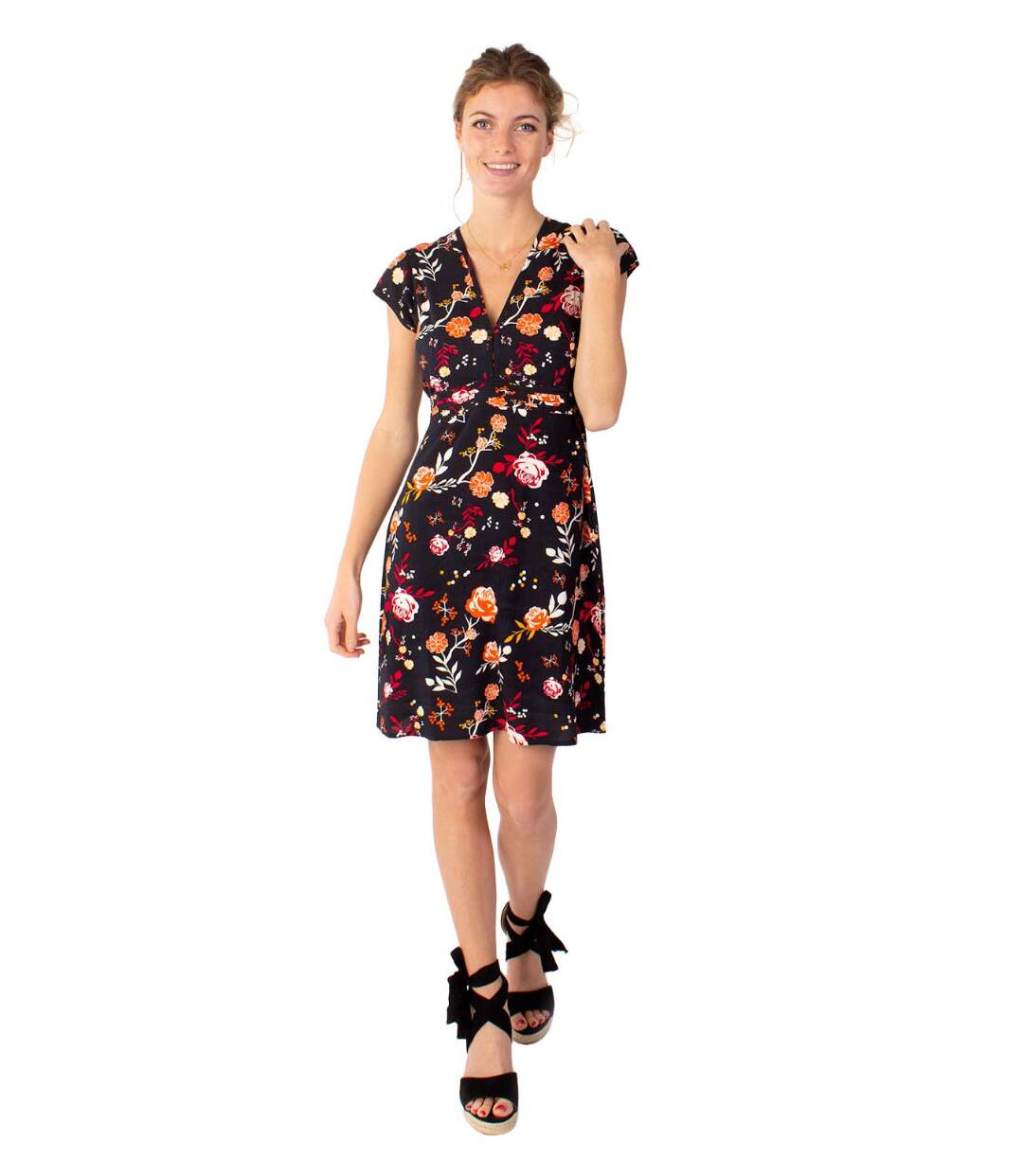Robe courte cintrée TANIA imprimé fleuri noir Coton Du Monde