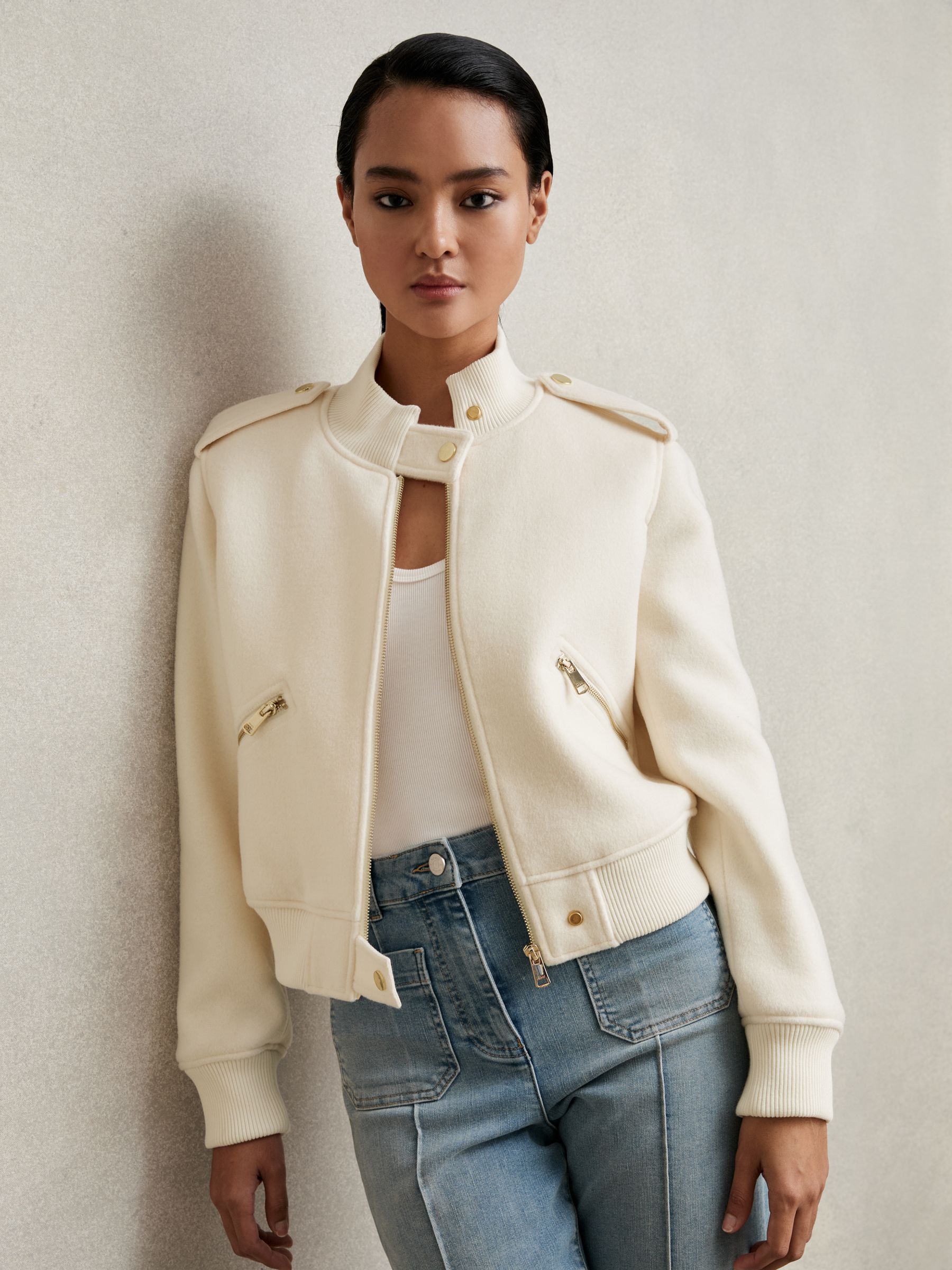 Crème - Reiss Cleo Brushed Wool Epaulette Bomber Jacket