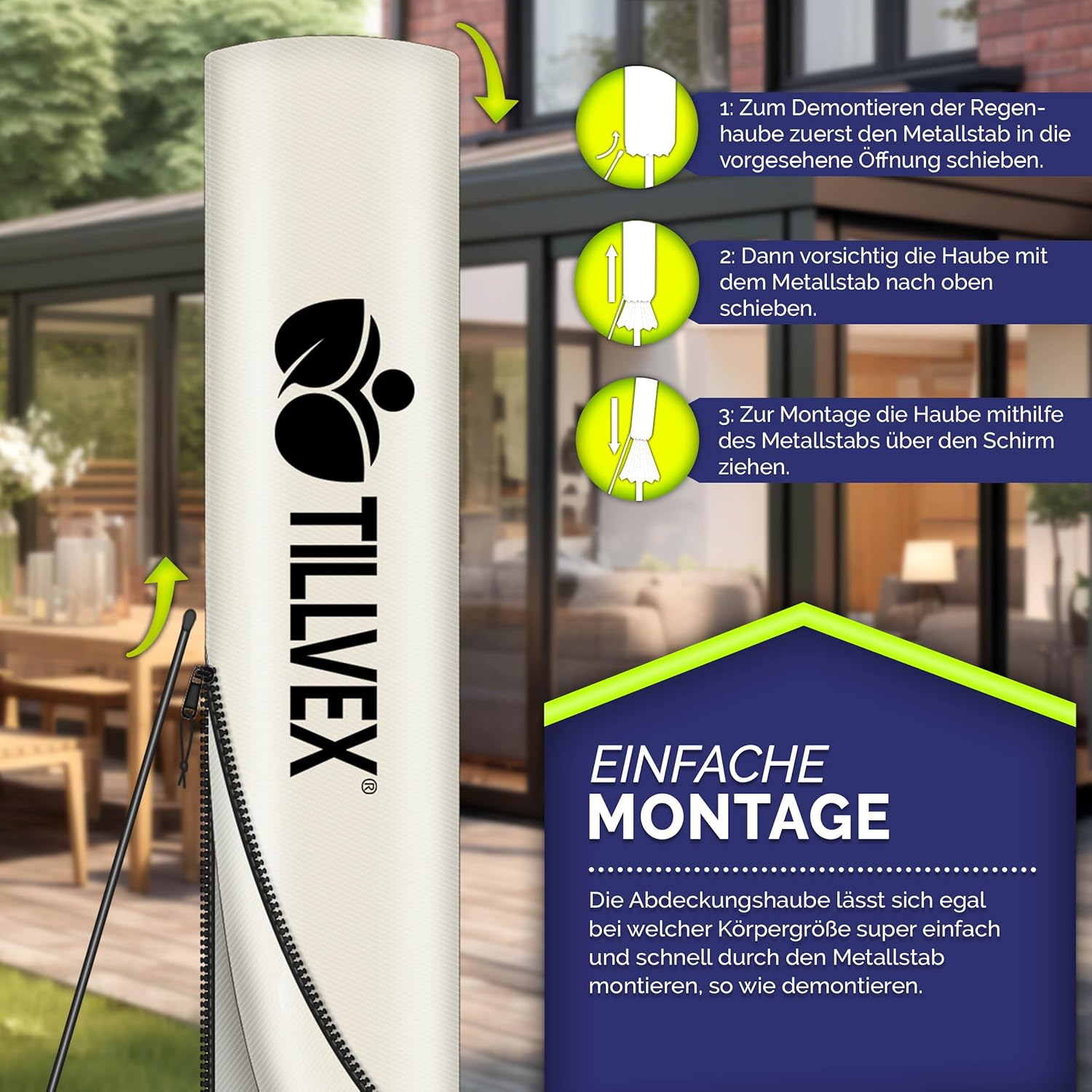 tillvex® Premium Alu Sonnenschirm 330 cm + Abdeckung & Windsicherung | Ampelschirm 6-Fach verstellbar mit Kurbel | Gartenschirm 360° Drehbar Neigbar Kippbar | UV50+ wasserdicht