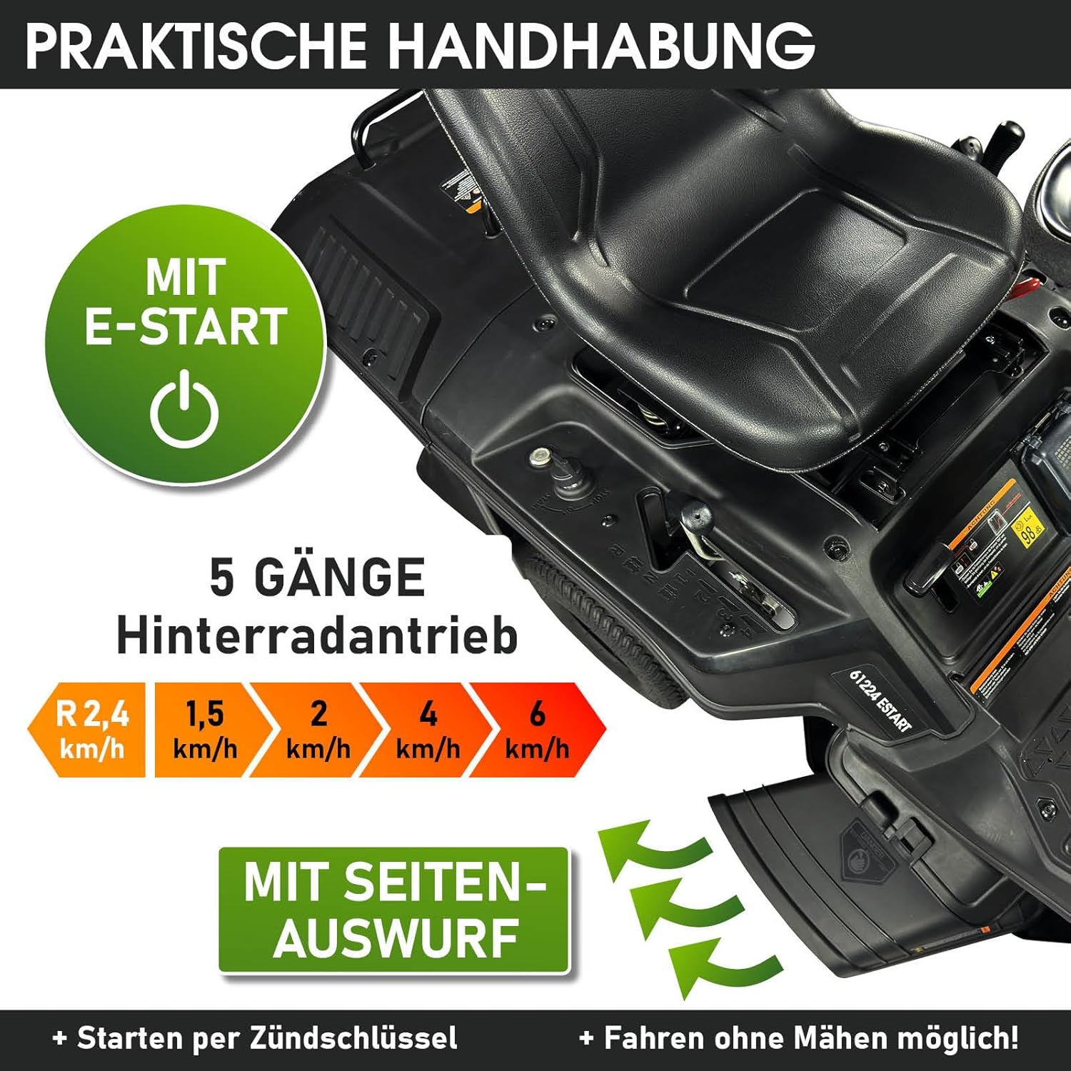 BRAST® Rasentraktor Benzin Aufsitzmäher | 5,15kW(7PS) | Elektrostart | XXL Schnittbreite 61cm | TÜV geprüft | Variable Geschwindigkeit | 150L Fangkorb | für mittlere bis große Rasenflächen