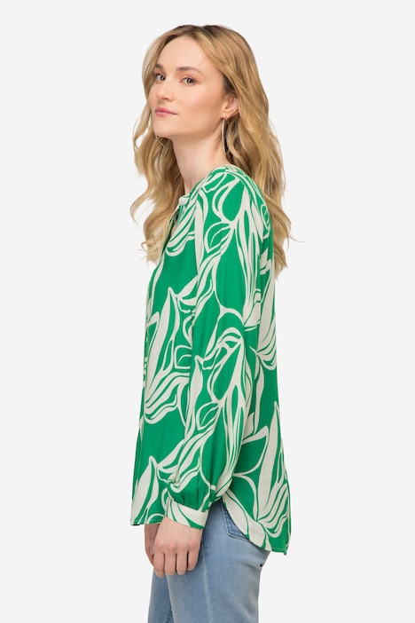 Bluse, grafischer Blütenprint, Stehkragen, Langarm