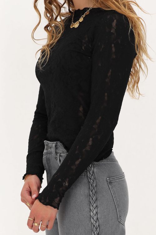 Zwarte kanten top met boothals