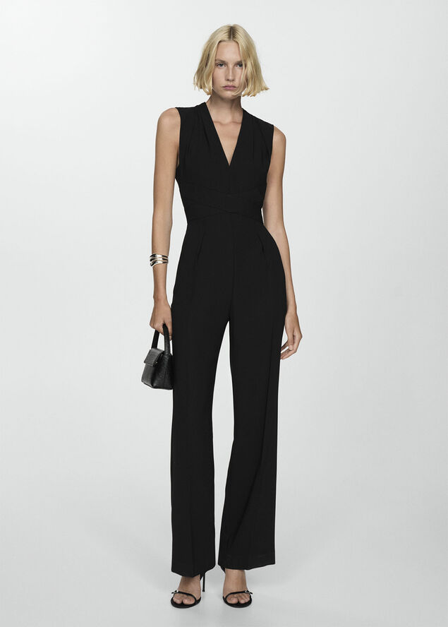 MANGO Long jumpsuit with crossover detail Black