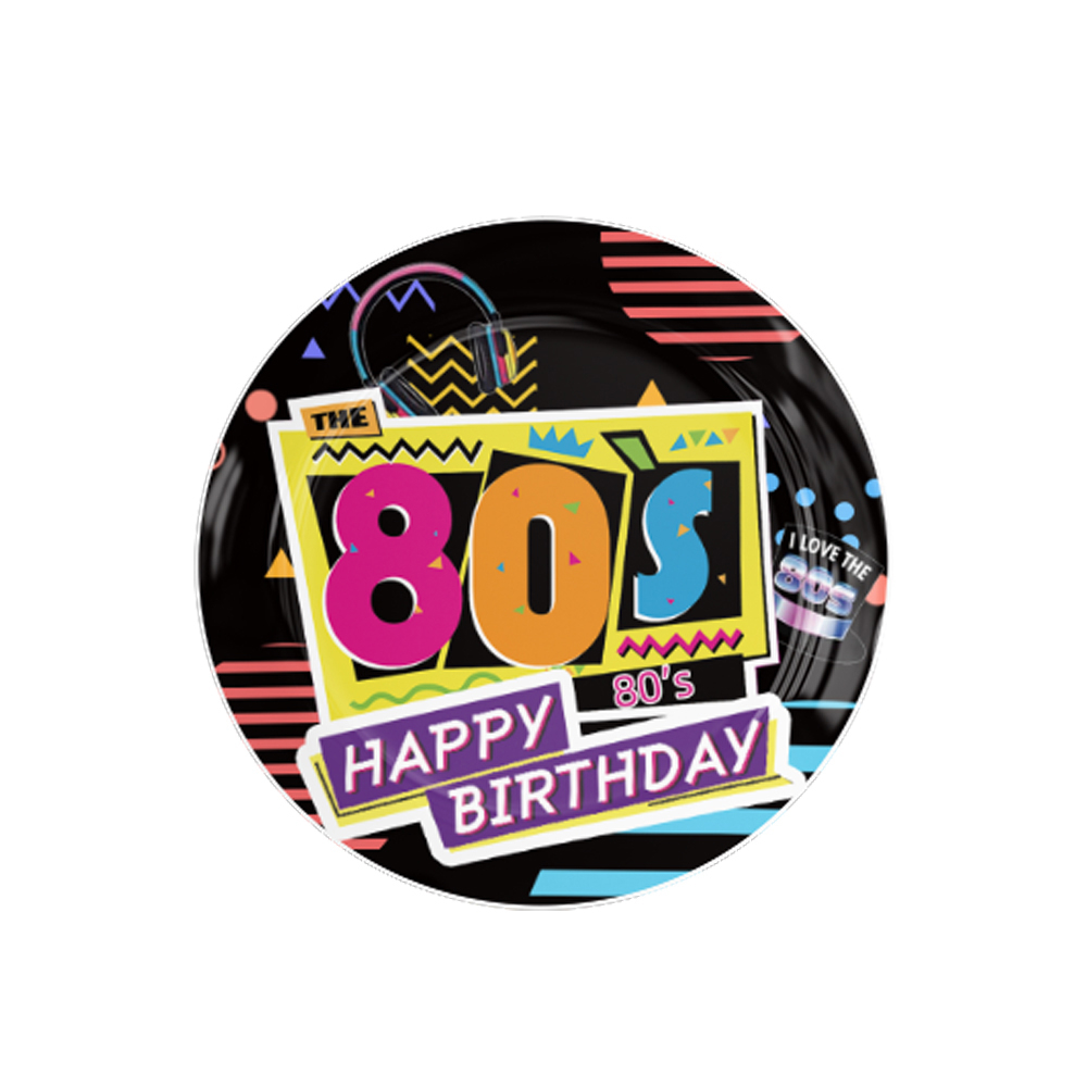 (101-tlg. Set) Happy Birthday Einweg Geschirr Party Tisch Deko inkl. Teller / Tischdecke / Servietten / Papp Becher - 80er Jahre
