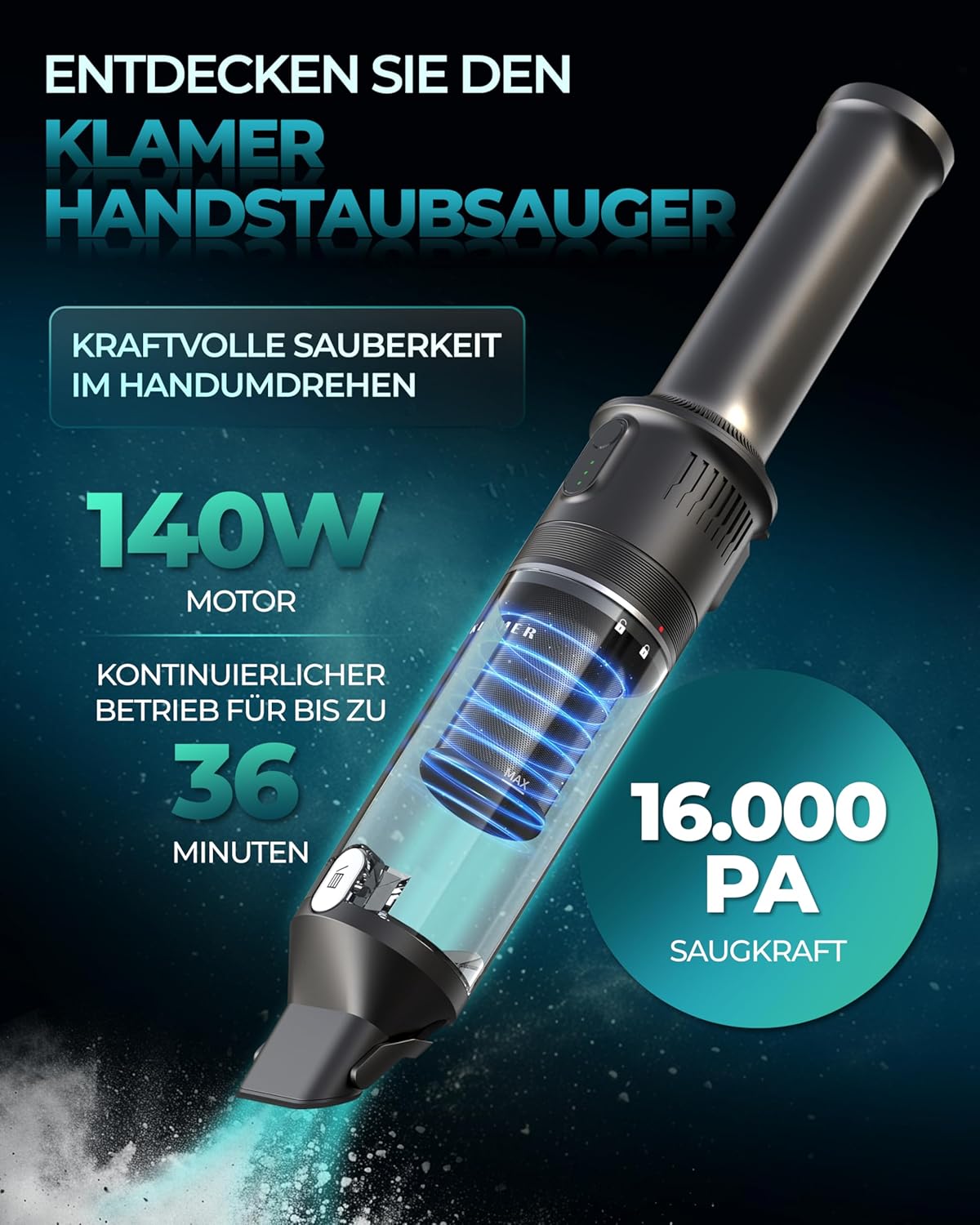 KLAMER Handstaubsauger, 140W Akku Handstaubsauger, Leistungsstark mit 16.000 PA und 36 min Laufzeit, Kabelloser Handstaubsauger inkl. Ladestation für Büro, Haus & Auto, beutellos