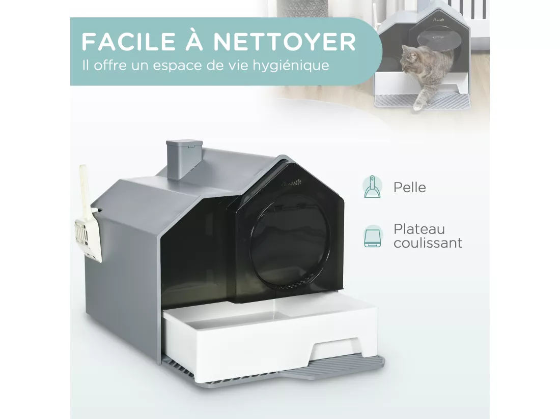 Maison de toilette chat design maison - bac à litière - tapis, poignée, pelle, filtre, tiroir inclus - PP blanc noir gris