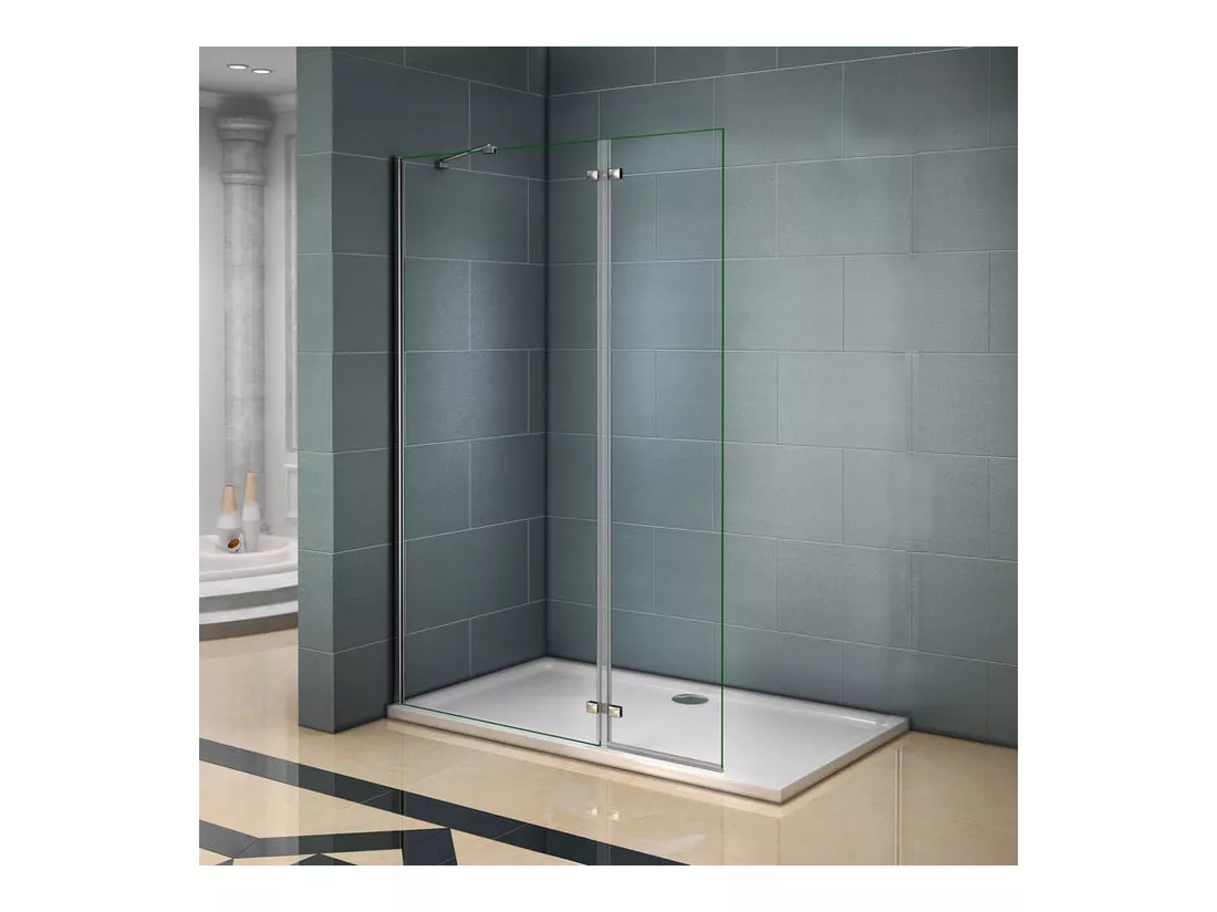 Paroi de douche fixe à l'italienne avec retour pivotant 90+40x200cm, charnières, avec barre de fixation d'angle 45cm