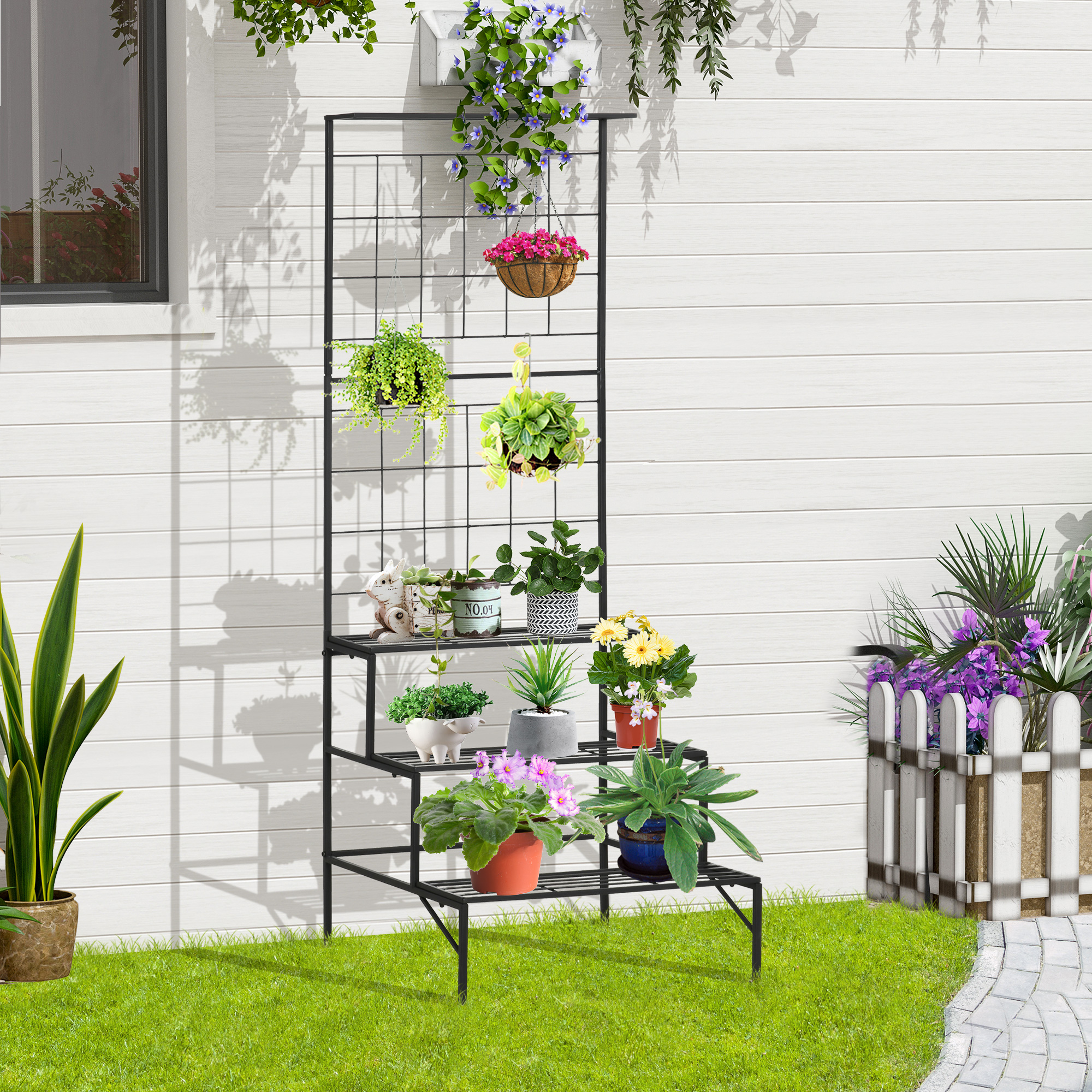 Suporte de metal para plantas Outsunny, com 3 prateleiras, ideal para jardins e varandas externas, 60x53,5x159,5 cm, preto.