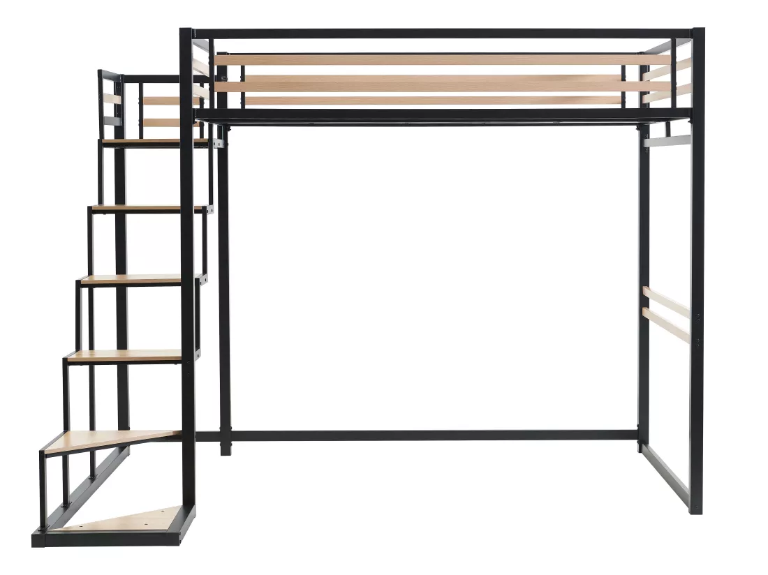 Lit mezzanine 140 x 200 cm - Métal et MDF - Noir et naturel + Matelas - JOGUI