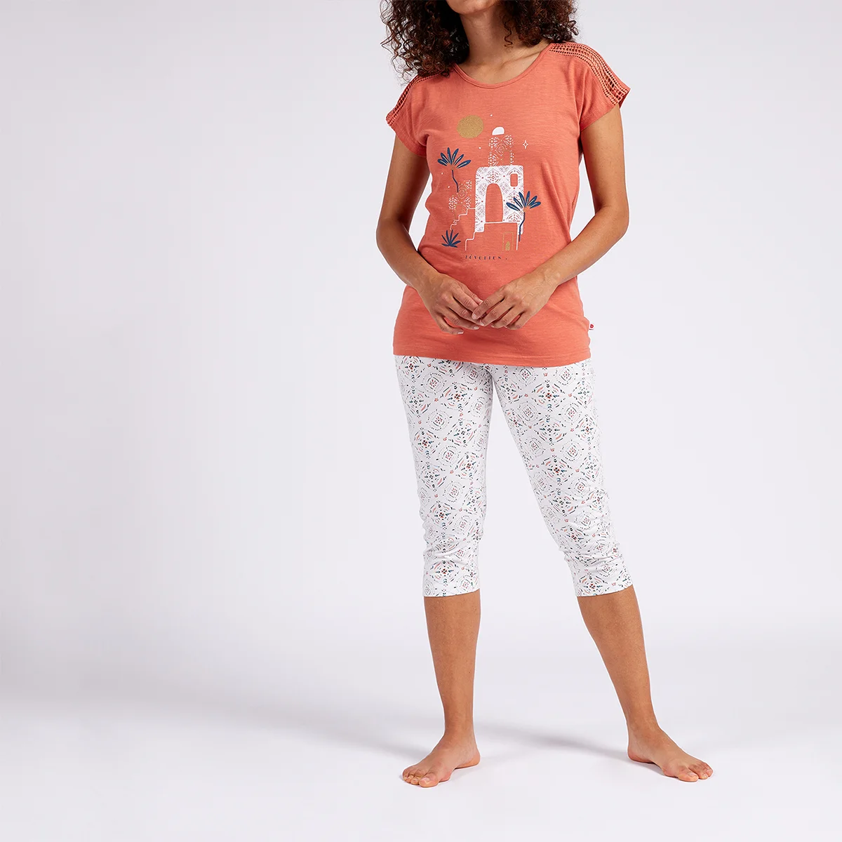 Pyjama court femme CASABLANCA terracotta/blanc