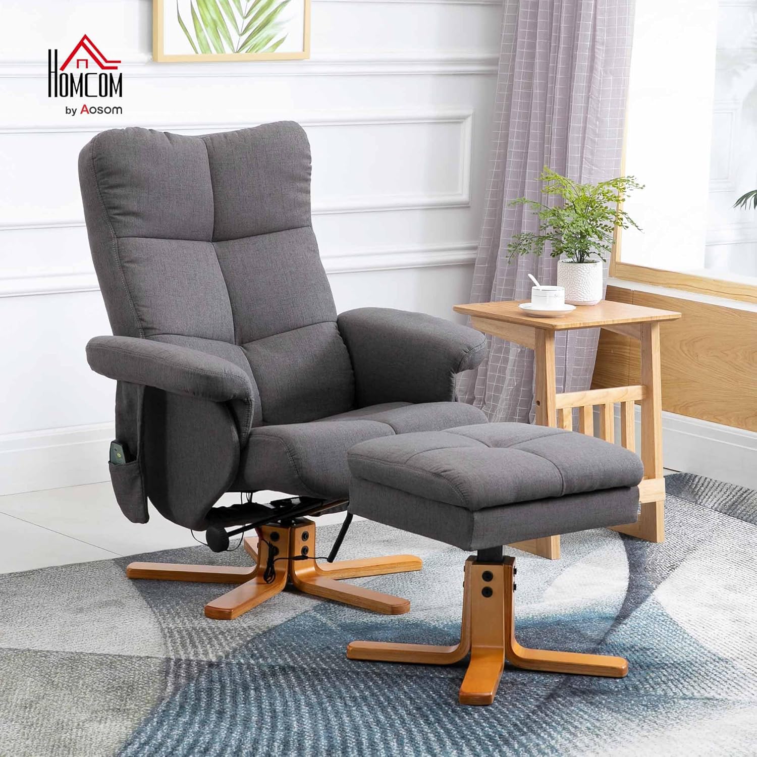 HOMCOM Relaxsessel mit Hocker, 360°drehbarer Fernsehsessel mit Massage, Liegefunktion, Massagesessel mit Seitentasche, TV-Sessel, Polyester für Wohnzimmer Dunkelgrau