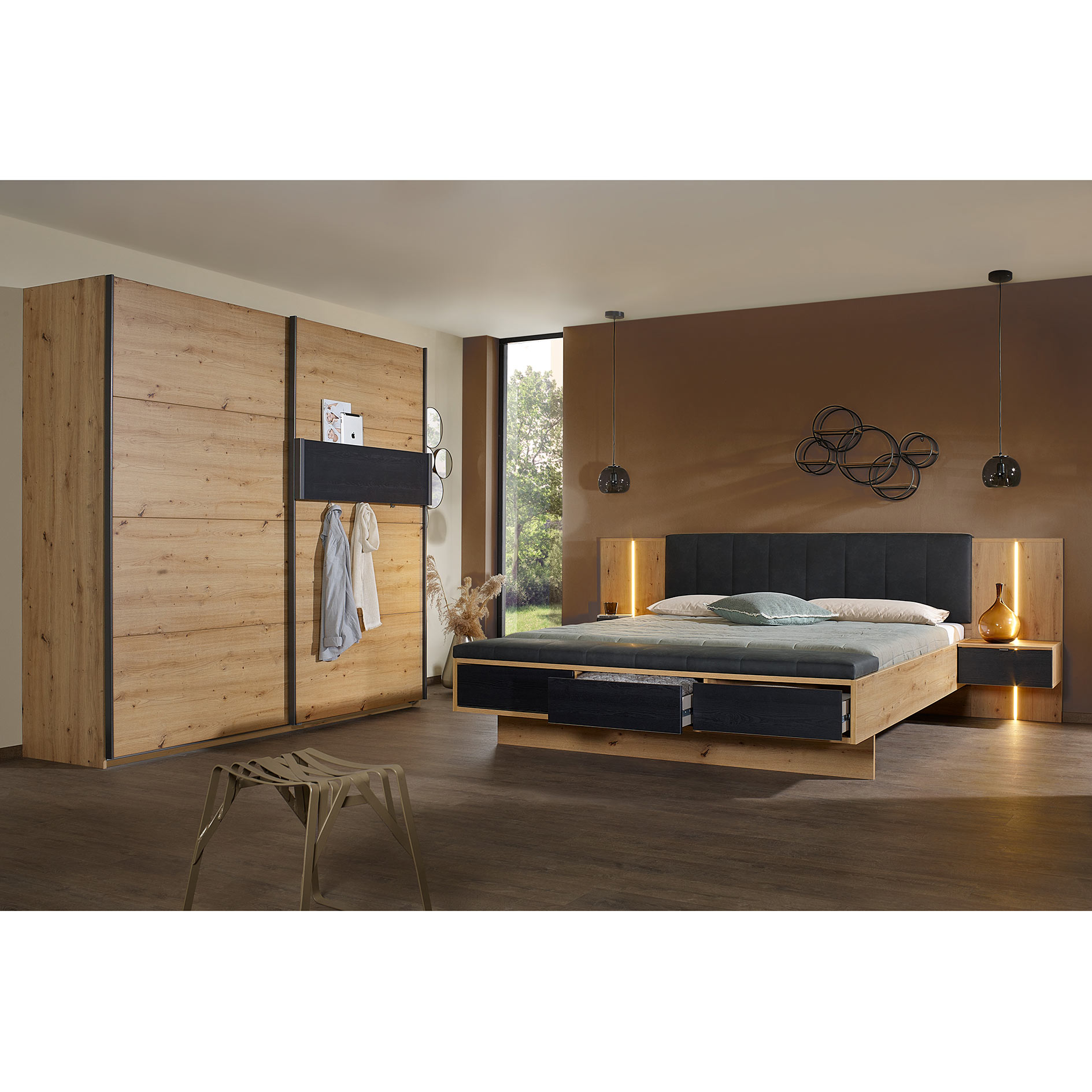 Bettanlage - Artisan Eiche-Eiche schwarz - mit Bettkästen - 180x200 cm