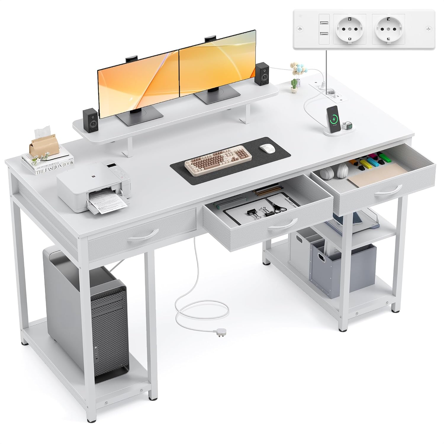 Claiks Computertisch mit 3 Schubladen, 140 x 60 cm Schreibtisch mit Regal, Tisch mit 2 Steckdosen und 2 USB-Ladeanschlüsse, Bürotisch PC-Tisch für Home Office, Wohnzimmer, Weiß