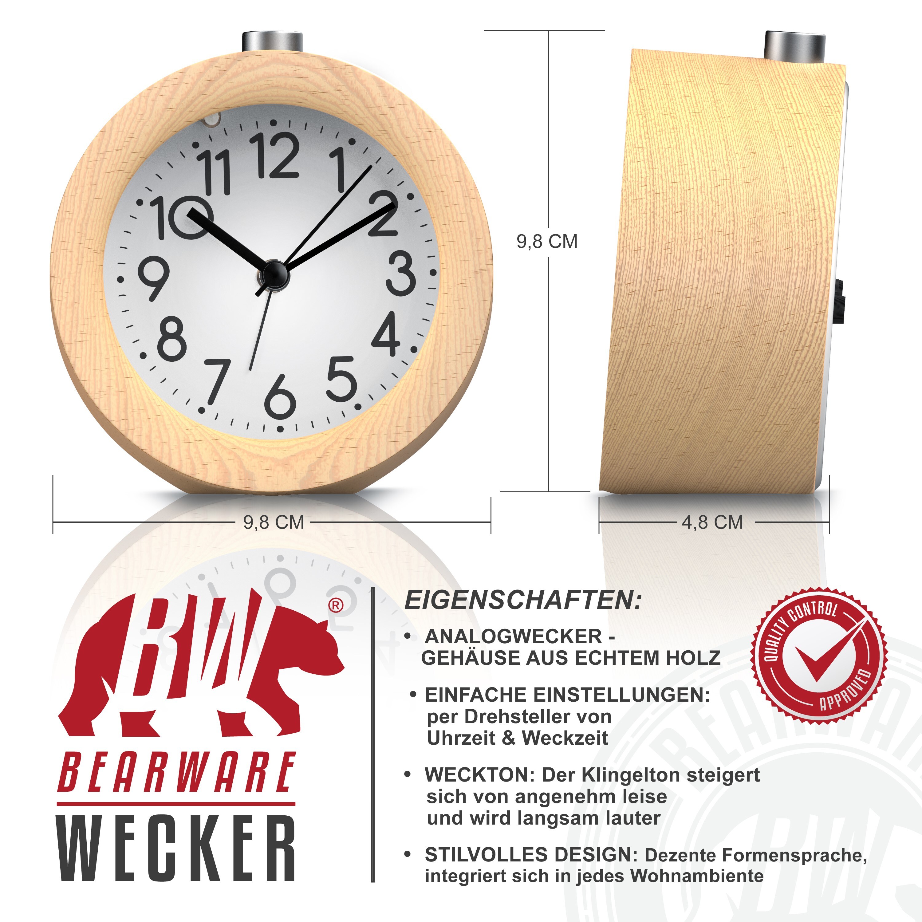 BEARWARE Analoger Wecker mit rundem Holzkorpus Holz Wecker mit beleuchtetem Ziffernblatt