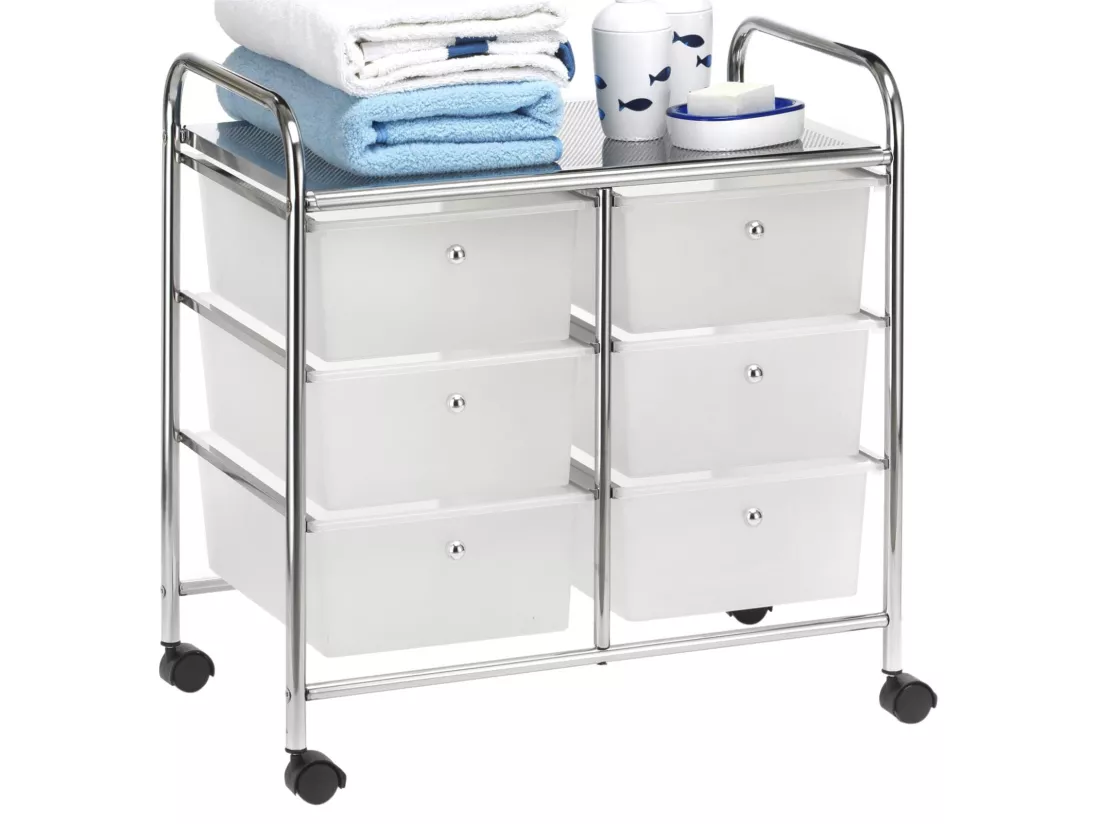 Caisson sur roulettes GINA chariot avec 6 tiroirs en plastique blanc transparent et 1 étagère, rangement salle de bain