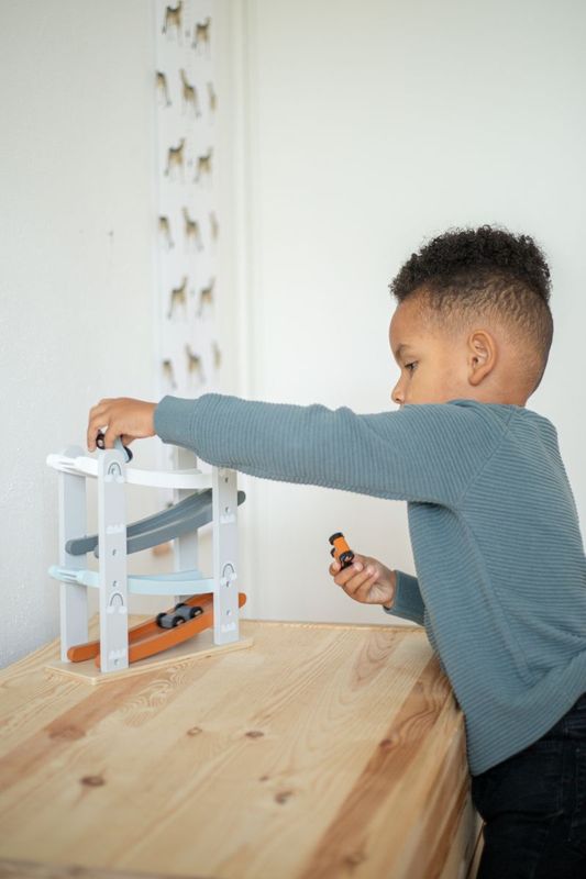 Tryco - Slider Autobaan - Hout - Wit/Antraciet/Roest - Inclusief 3 Autootjes