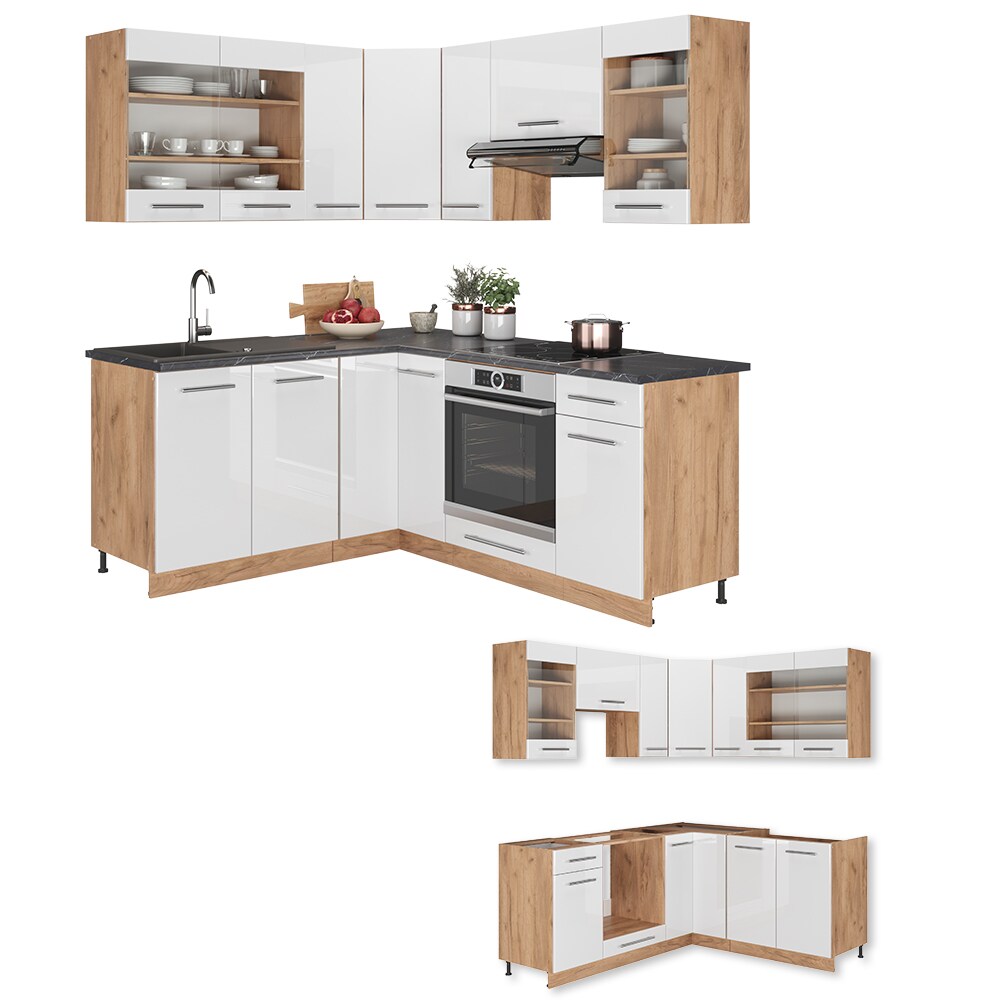 Vicco Eckküche Küchenzeile Einbauküche Fame-Line Eiche Weiß 190 cm modern Schubunterschrank Spülenunterschrank Eckunterschrank Herdumbauschrank Hängeglasschrank Hängeschrank Hochglanz