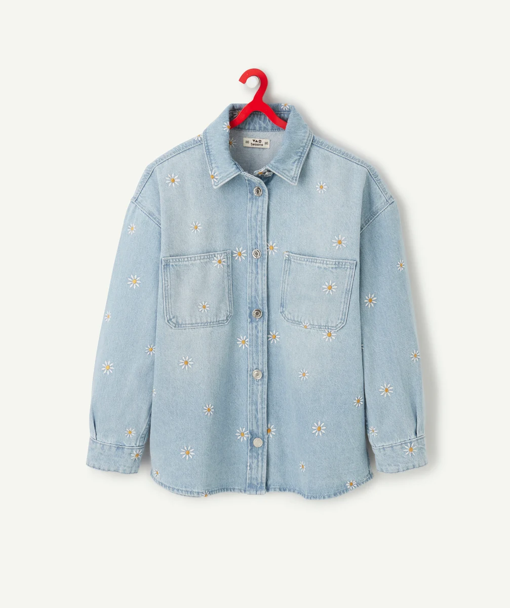 VESTE FILLE EN DENIM BLEU LOW IMPACT AVEC MARGUERITES BRODÉES