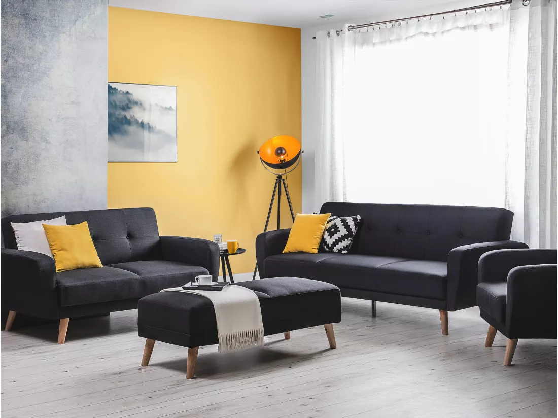 Ensemble canapés et fauteuil en tissu noir 6 places avec pouf FLORLI