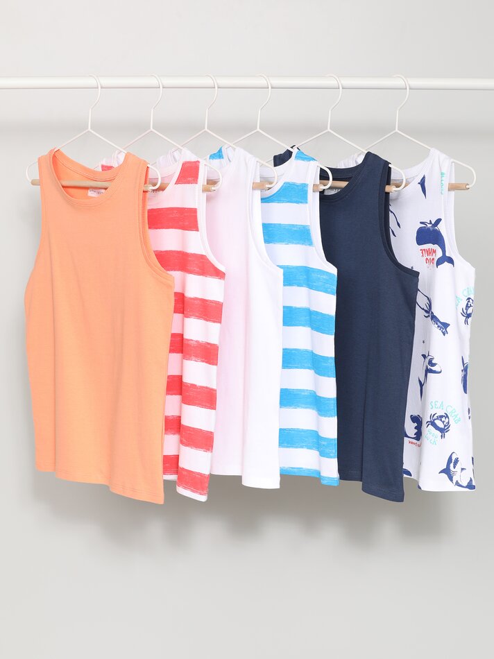 Conjunto de 6 regatas lisas e estampadas - Off-White