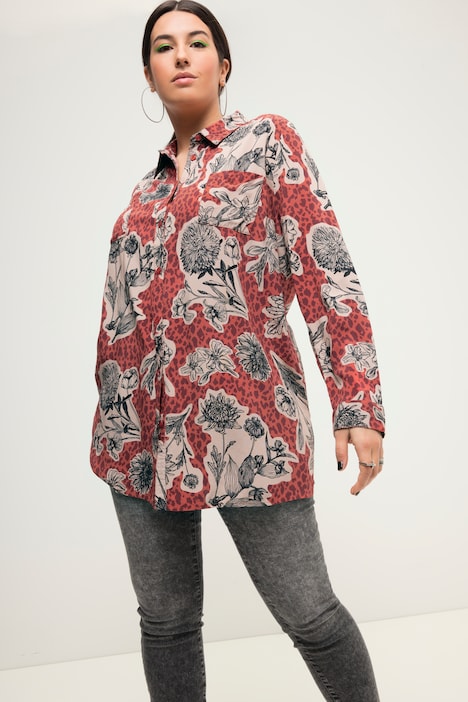 Hemdbluse, Boxy Shape, Flower-Print, Hemdkragen, Langarm