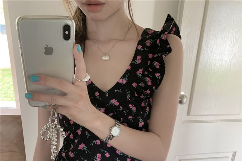 Brigitte - Mouwloze V-hals maxi-A-lijnjurk met bloemenprint en ruches