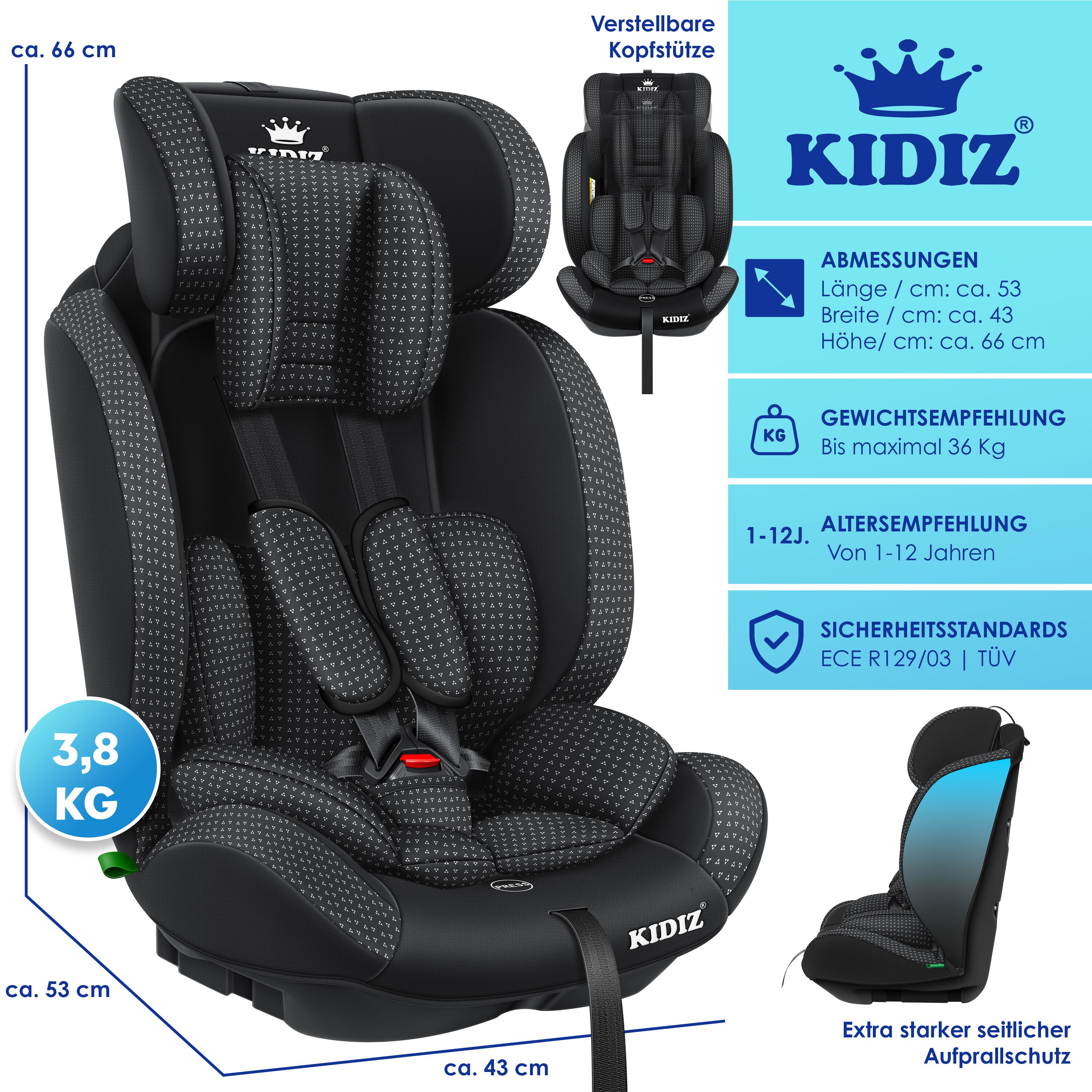 KIDIZ® Autokindersitz Kindersitz Kinderautositz | Autositz Sitzschale | 9 kg - 36 kg 1-12 Jahre | Gruppe 1/2/3 | universal | zugelassen nach ECE R129/03 | 6 verschiedenen Farben |