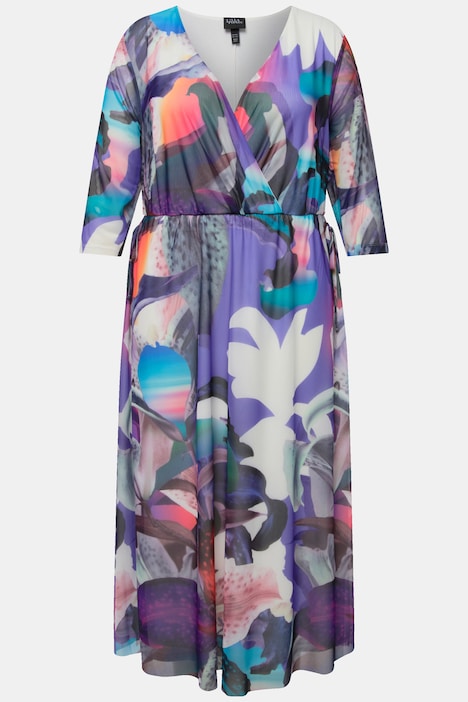 Meshkleid, Blüten, Wickeloptik, V-Ausschnitt, 3/4-Arm