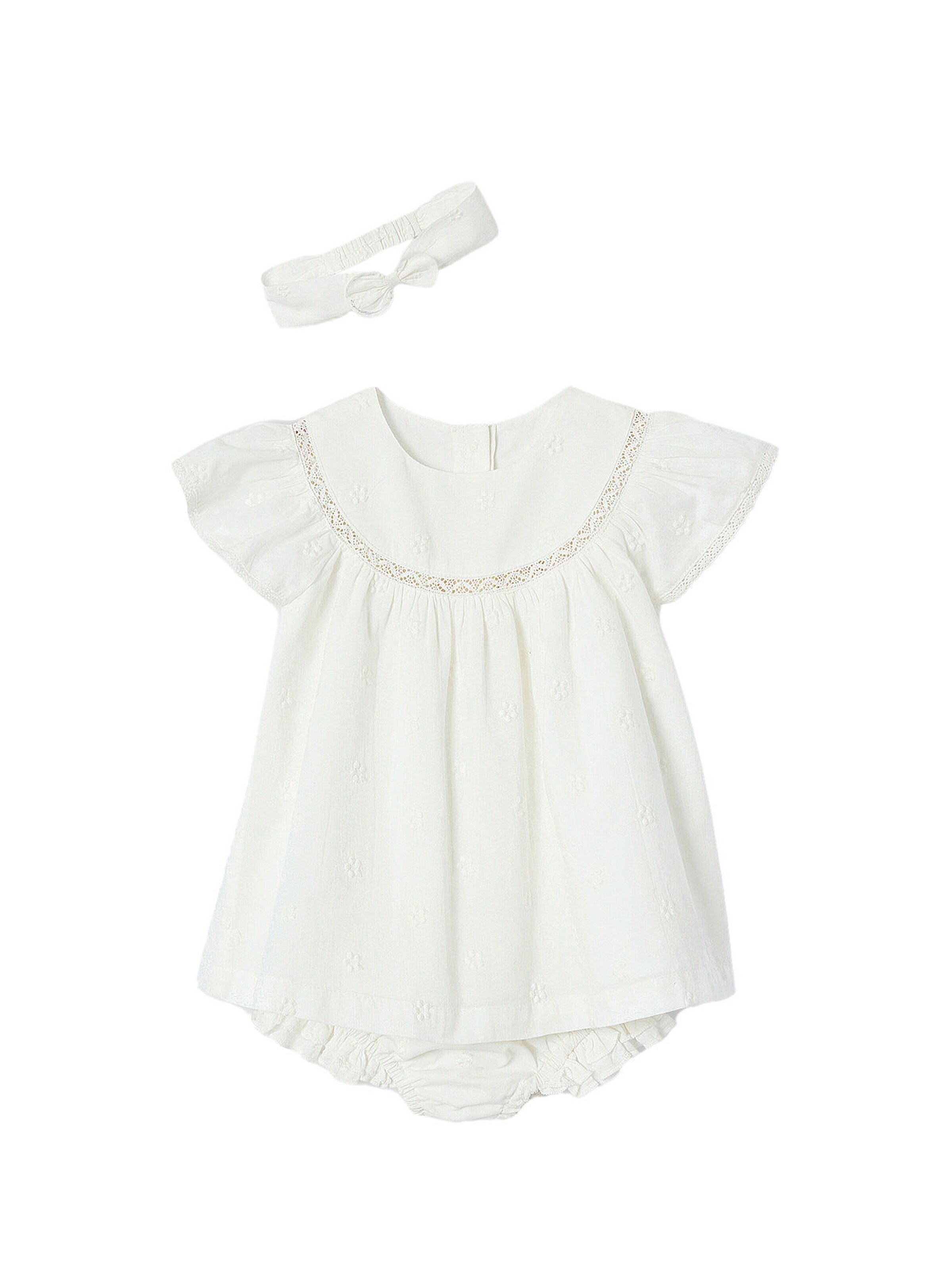 Vertbaudet Mädchen Baby-Set: Kleid mit Lochstickerei, Shorts & Haarband wollweiß