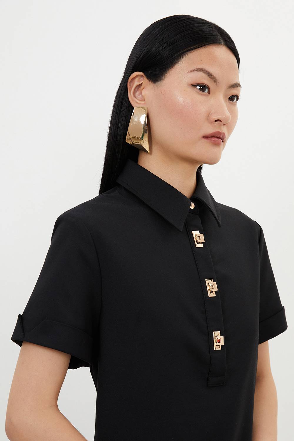 KarenMillen Robe Courte Tissée en Coton Techno Petite avec Fermoirs Dorés