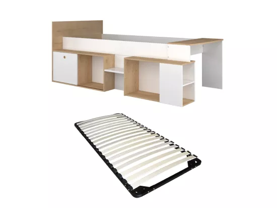 Lit combiné 90 x 200 cm avec bureau et rangements - Blanc et naturel + Sommier - PALOMA