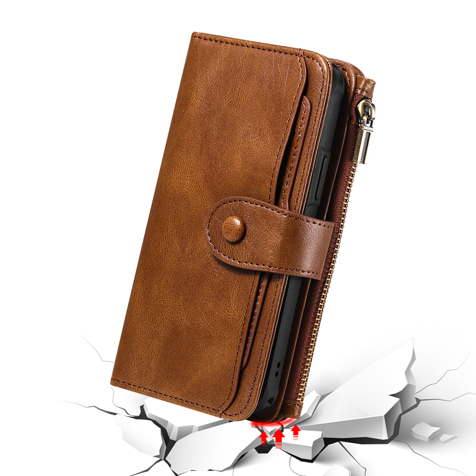 iPhone 16e Leder Wallet Etui Tasche mit 9 Kartenfächern   Münzfach - Braun