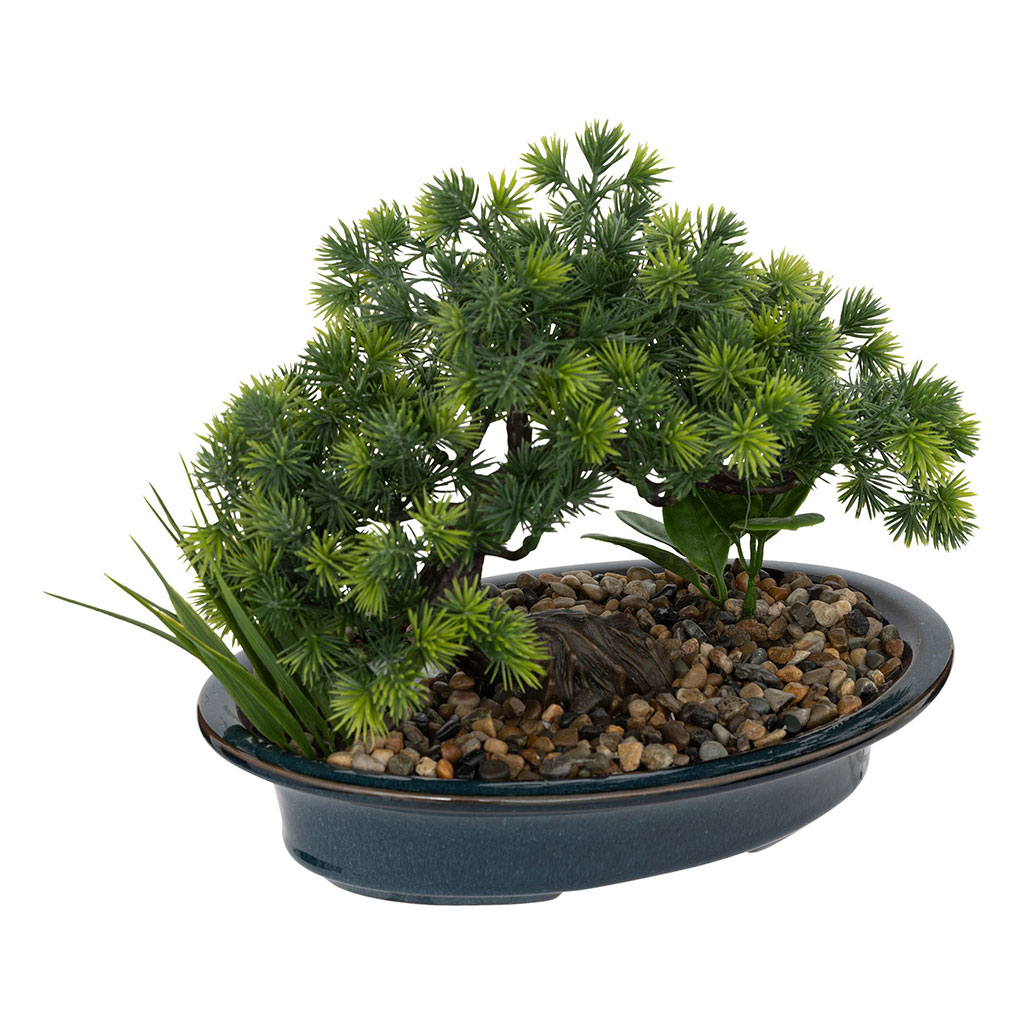 Bonsaï artificiel dans pot en céramique bleu H 25cm