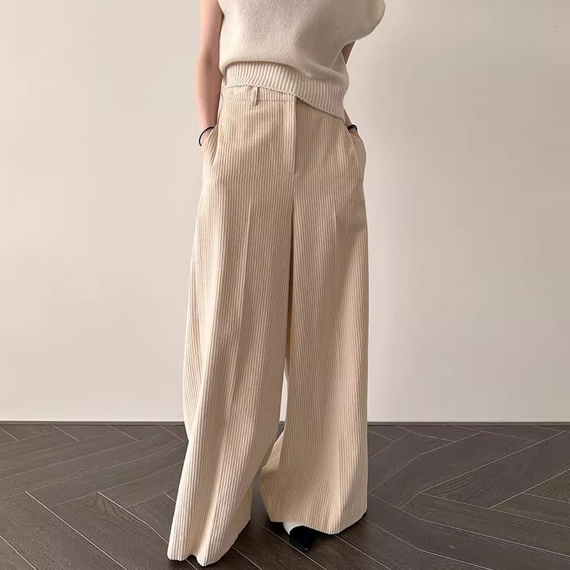 Coris - Hoge taille effen corduroy broek met wijde pijpen