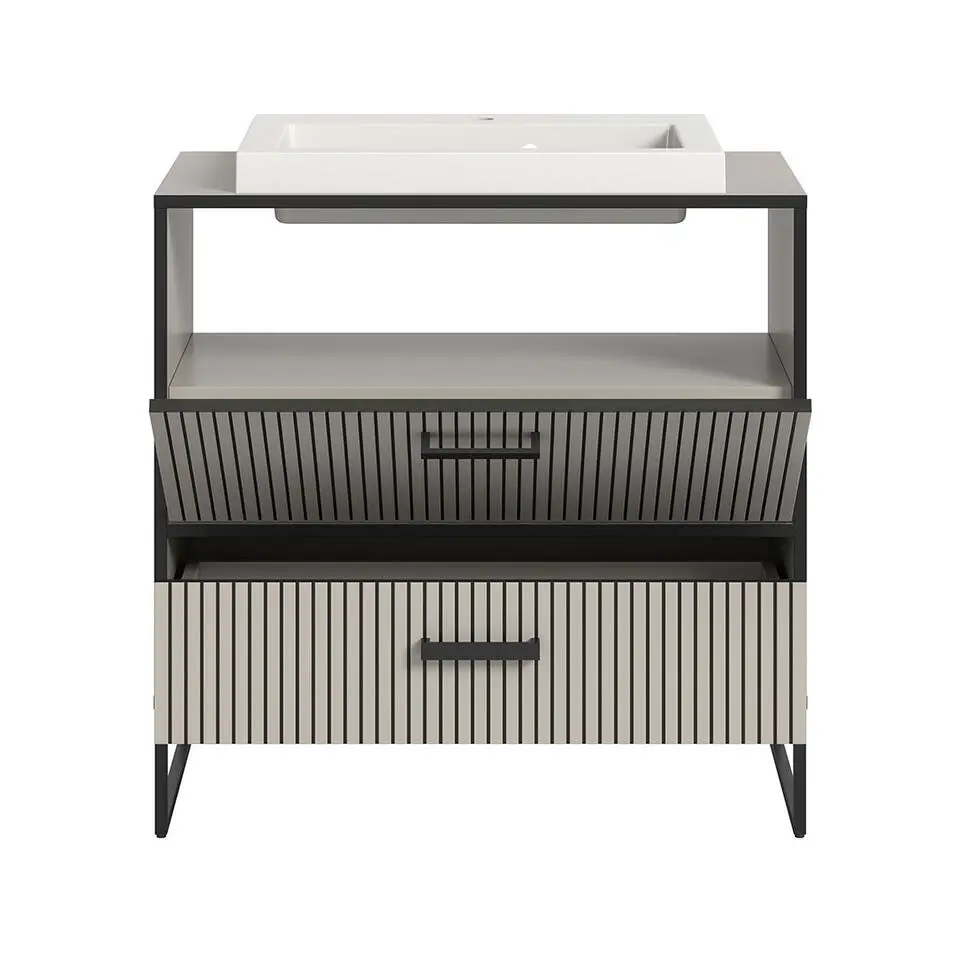 Hioshop Bagno wastafel incl wasbak 1 lade 1 klepdeur lichtgrijs- crèmekleurig