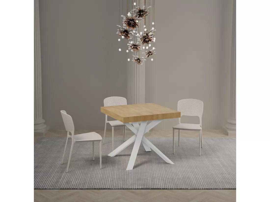 Table extensible 90x90/194 cm Clerk dessus Chêne Nature pieds Blancs