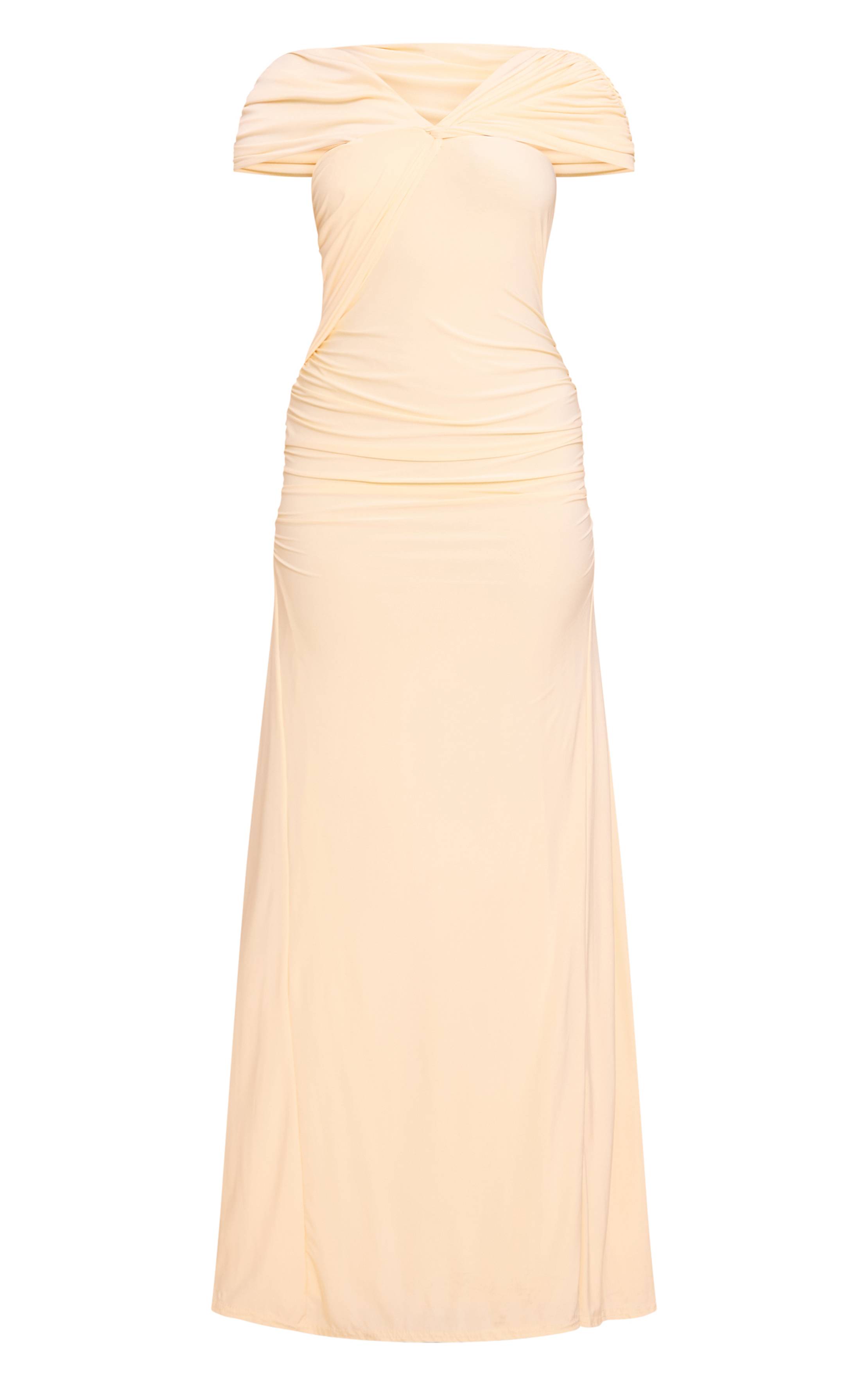 Citron Robe Longue Asymétrique Froncée En Tissu Slinky Double Épaisseur