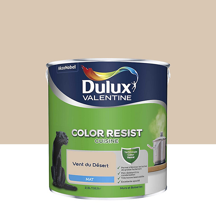 Peinture murs et boiseries Color Resist cuisine Dulux Valentine mat vent du désert 2,5L