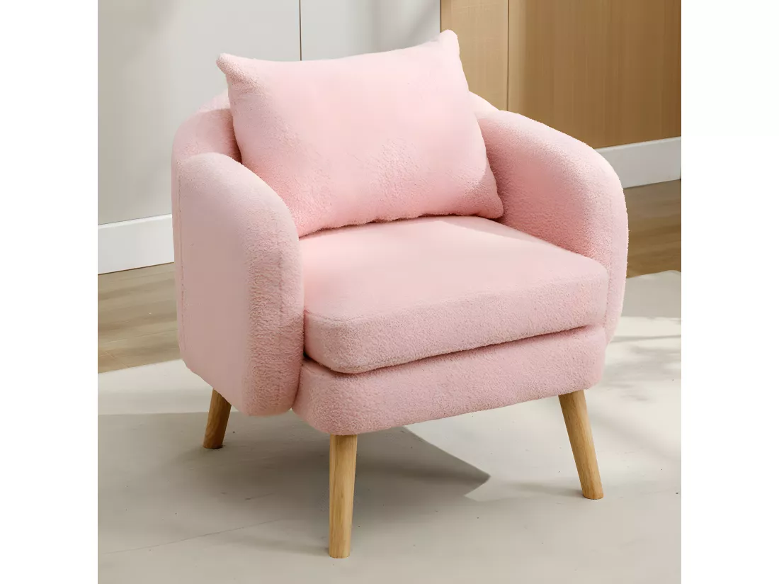 Fauteuil Canapé Fauteuil avec coussin à pieds en bois massif moderne et sobre en Teddy Tissu Rose