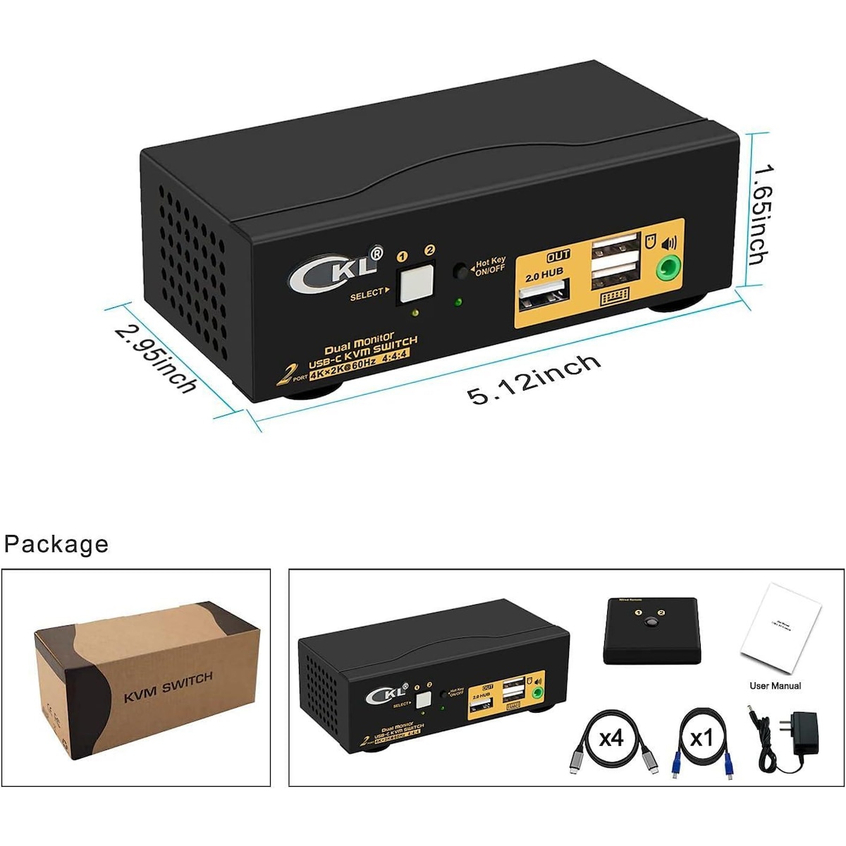 NÖRDIC KVM Switch 2 til 2 USB-C til HDMI 4K 60Hz, 3x USB-A, 2x 3,5 mm AUX
