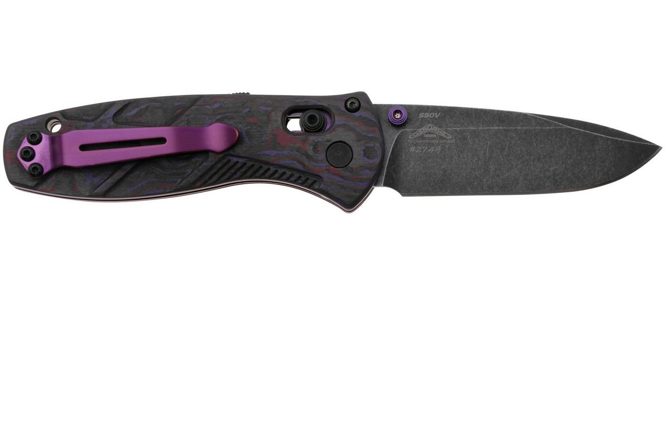 Benchmade Mini Barrage 585BK-251 Black DLC Battlewash CPM S90V, Purple Haze FatCarbon, Gold Class 2025 Limited Edition, zakmes