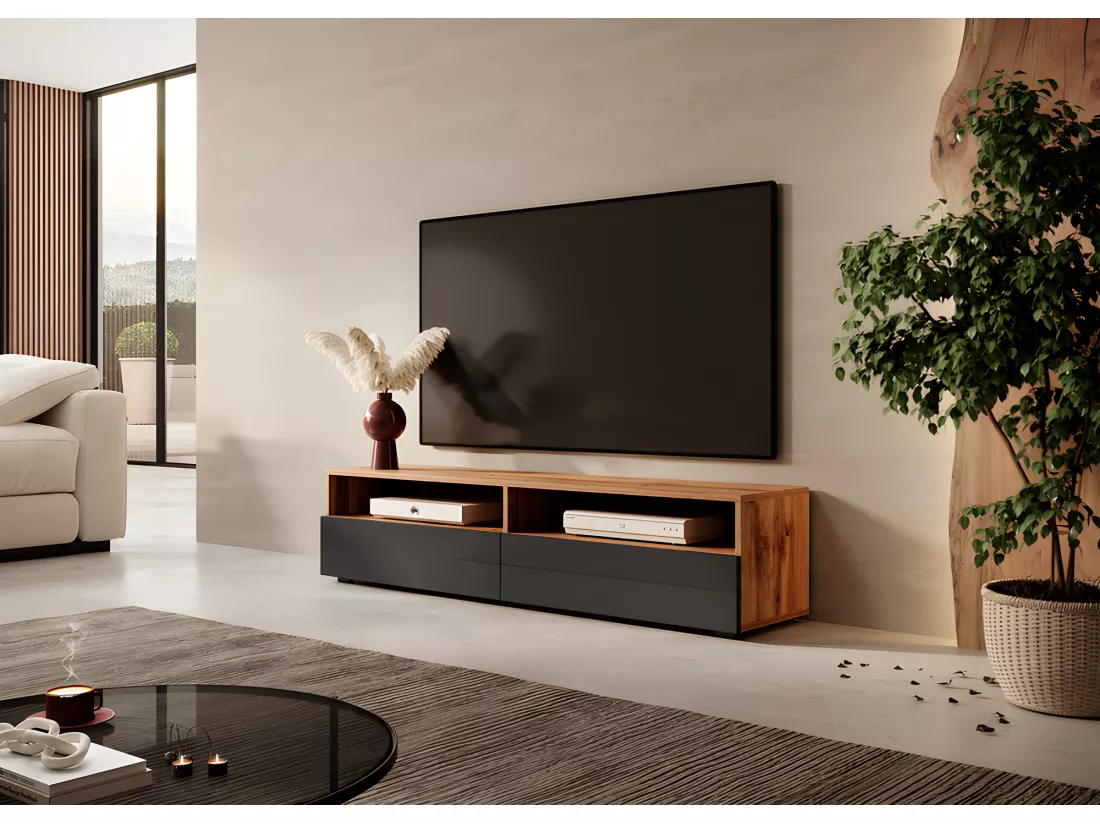 Meuble TV - 140 cm - chêne wotan / noir brillant - REDNAW