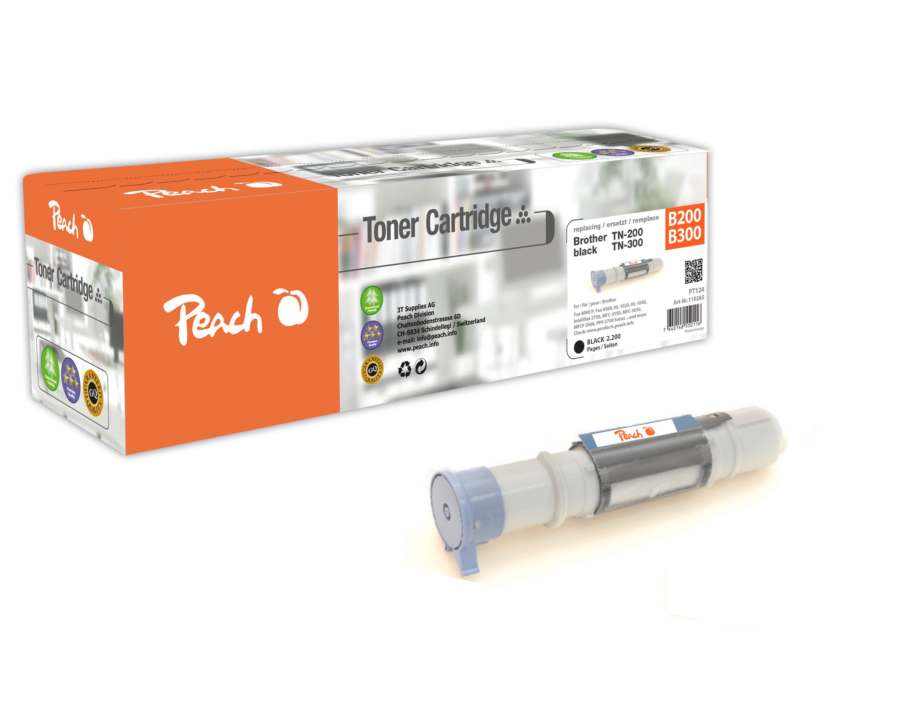 Peach B200Toner bk ersetzt Brother TN-200, TN-300 für z.B. Brother Fax 8000 P, Brother Fax 8050 P, Brother Fax 8060 P, Brother Fax 8200 P (wiederaufbereitet)